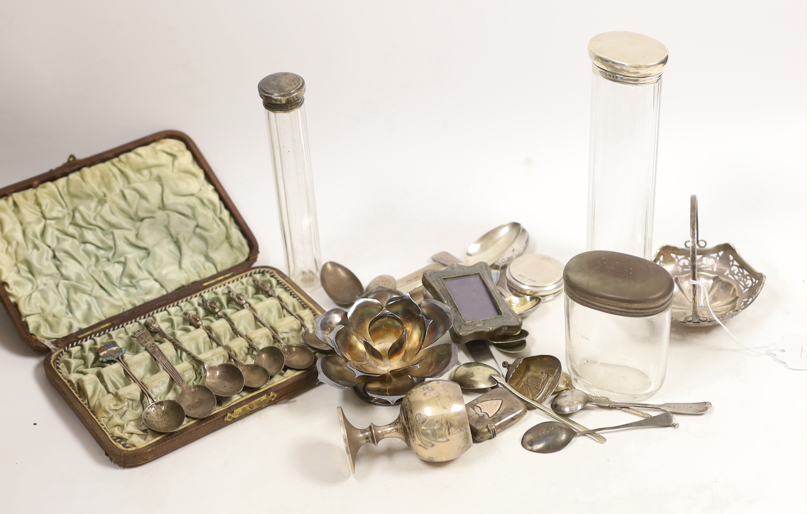 Sundry small silver and sterling items including teaspoons, hanging basket, goblet, miniature photograph frame, etc.